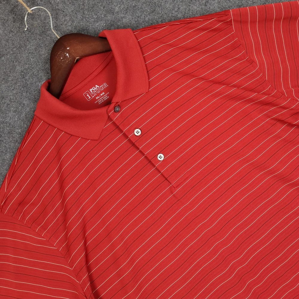 PGA Tour Mens XL Red Striped Short Sleeve Golf Polo Shirt Performance Top